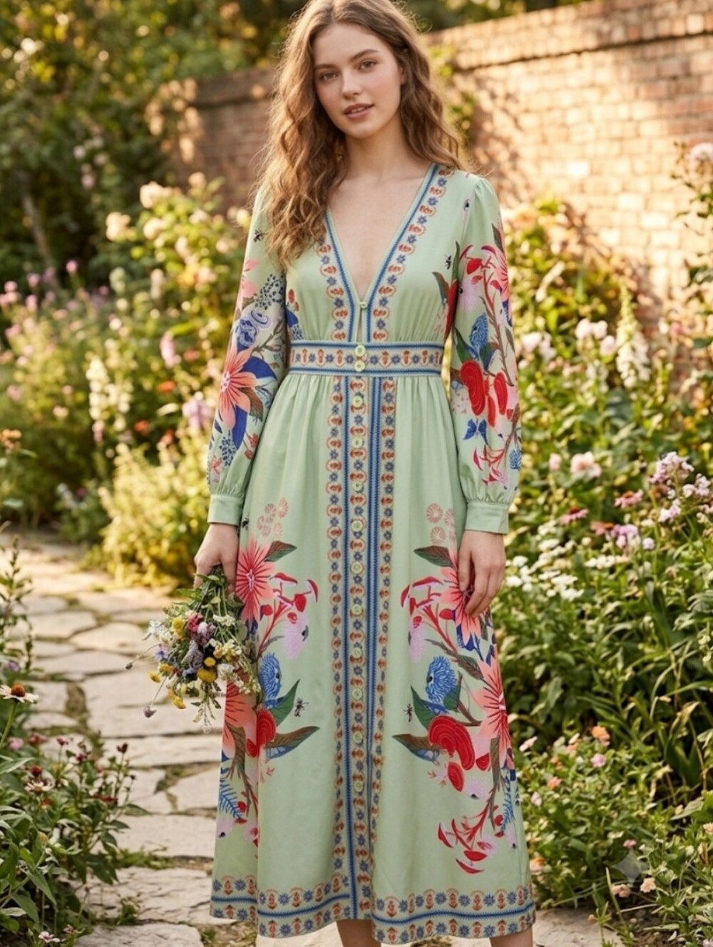 Cottagecore Mushroom & Bee Floral Boho Maxi Dress Green, M